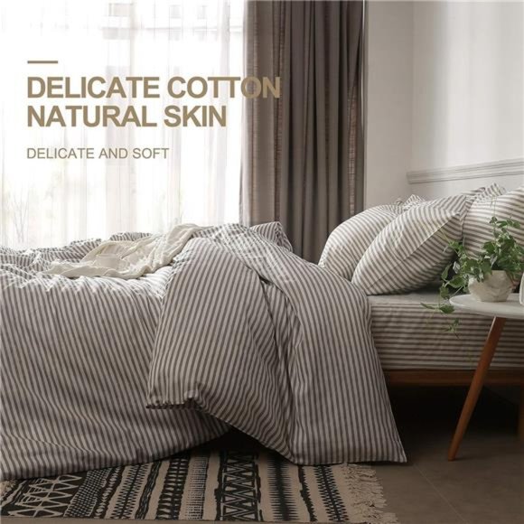100%Natural Cotton 3pcs Striped Duvet Cover Sets with Zipper Closure&Corner Ties - Picture 3 of 6